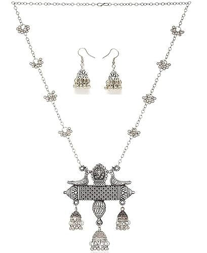 German Silver Afghani Long Chain Pendant Earrings Necklace Jewellery Set