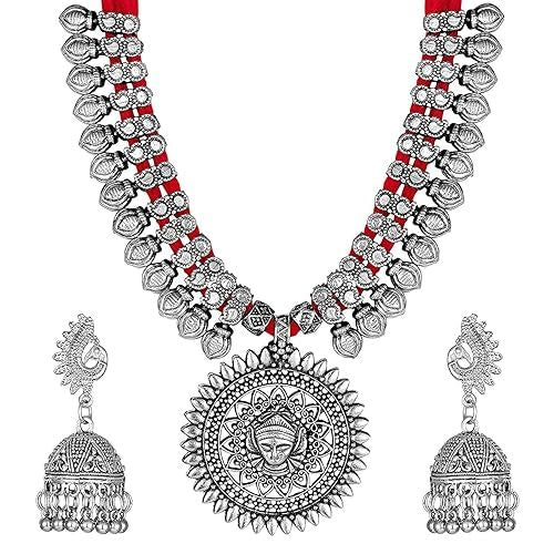 Latest German Silver Oxidized Tribal Cotton Thread Antique Choker Necklace Jewellery Set