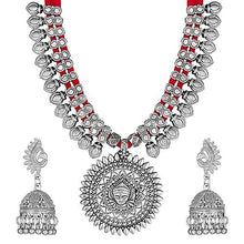 Load image into Gallery viewer, Latest German Silver Oxidized Tribal Cotton Thread Antique Choker Necklace Jewellery Set
