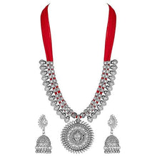 Load image into Gallery viewer, Latest German Silver Oxidized Tribal Cotton Thread Antique Choker Necklace Jewellery Set
